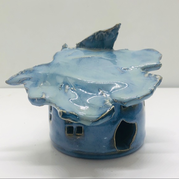 Wardell Pottery Leaf Spirit House Blue Glaze Fairy Soul Yard Art Sculpture - Picture 2 of 12